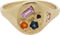 Handcrafted signet ring in 9k yellow gold. Pink sapphire, yellow citrine, black diamond, and blue tourmaline inset stones throughout. Hallmarking engraved at inner band. Supplier color: Gold/Citrine/Pink/Blue | Seb Brown Yellow Gold Baguette Neapolitan Signet Ring Diamond Face, Brown Outfit, Gold Signet Ring, Blue Tourmaline, Yellow Citrine, Colored Gems, Jewelry Lookbook, Stone Design, Multi Stone Ring