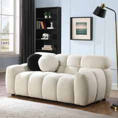 Our boucle sofa not only adds texture but also provides a cozy and inviting feel to the sofa. The sofa is perfect for small spaces, apartments, or modern living rooms. Looking beautiful from all angles with its marshmallow like curves and elegant lines. Its compact size and clean lines make it a great option for those who want a contemporary look without sacrificing comfort. With its high-quality materials and craftsmanship, the sofa is built to last and will be a favorite for years to come. Col Circle Sofa, Marshmallow Sofa, Apartment 2023, Living Room Sofa Set, Round Sofa, Premium Sofa, Plush Sofa, Beige Sofa, Apartment Aesthetic