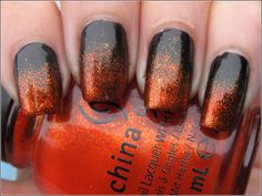 china glaze - riveting Black Nails Orange Tips, Black Nails With Orange Tips, Orange And Black Nails Acrylic, Black Orange Nails, Black And Orange Nails, Orange Ombre Nails, Mickey Nails, Orange Nail Designs, Squoval Nails