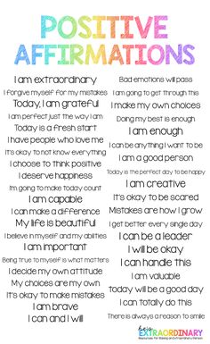 the words positive affirmations are written in different colors and font on a white background