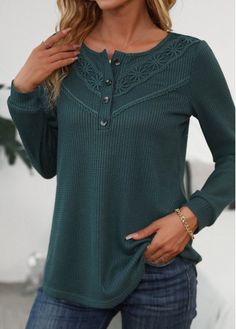 $33.98 - Check out this sexy fashion trend that is so clever - Blackish Green Patchwork Long Sleeve Scoop Neck T Shirt - Description: Each and every item’s materials are handpicked and crafted with care for continued quality and style. Features: Stylish, Comfortable, High Quality, Unique Specs: 1 X T Shirt,Other,Bohemian,Blackish Green,S,M,L,XL,XXL   Size information: We recommend to choose a s... Henley Shirt Women, Women's Henley, Womens Knit Tops, Plain Blouse, Scoop Neck Long Sleeve, Green Long Sleeve, Women Shirts Blouse, Henley Shirts