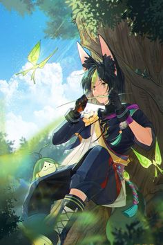 an anime character standing in front of a tree with butterflies flying above her and holding a cell phone