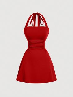 Women's  A-Line Tie-Neck Dress Red Sexy  Sleeveless Knitted Fabric Plain A Line,Cami Medium Stretch  Women Clothing, size features are:Bust: ,Length: ,Sleeve Length: Red Party Dresses, Red Shirt Dress, Red Dresses Classy, Tie Neck Dress, Red Dress Outfit, Shein Dress