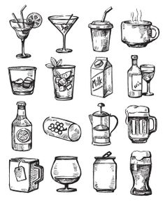 hand drawn beverages and drinks icons