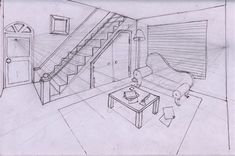 a drawing of a living room with stairs