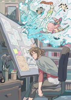 an anime character sitting in front of a drawing board with water coming out of it