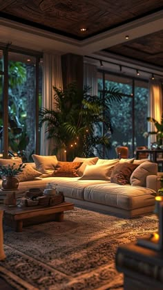 a living room filled with lots of furniture and plants on top of a wooden floor