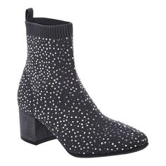 Kenneth Cole Reaction Rida Star Jeweled Bootie   Shoes that sparkle like the night sky! This stretch knit, bedazzled bootie brings the bling and the comfort with full stretch knit fabric, a sturdy low block heel and an easy pull-on design. Winter Embellished Boots With Round Toe, Winter Embellished Round Toe Boots, Sparkling Boots For Winter Night Out, Sparkling Boots For Night Out In Winter, Sparkling Winter Boots For Night Out, Sparkling Fitted Winter Boots, Fitted Sparkling Winter Boots, Fitted Glitter Boots For Winter, Winter Evening Embellished Boots