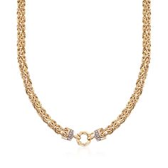 Ross-Simons - 14kt Yellow Gold Flat Byzantine Necklace, Diamond Accents. 16". Indulge in this beautifully woven wonder! Artfully presented in polished 14kt yellow gold, this handcrafted Byzantine necklace is a statement maker that casts a high-fashion look with minimal effort! The necklace also features diamond accents at each end for a special detail that will dazzle. Springring clasp, 14kt yellow gold Byzantine necklace. Diamond birthstones are the perfect gift for April birthdays. Gold Byzantine Jewelry With Box Chain, Gold Byzantine Style Jewelry With Box Chain, Gold Byzantine Box Chain Jewelry, Luxury Gold Jewelry With Wheat Chain, Luxury Gold Wheat Chain Jewelry, Formal Byzantine Necklace With Intricate Design, Gold Byzantine Necklace With Intricate Design, Yellow Gold Byzantine Jewelry With Box Chain, Byzantine Yellow Gold Jewelry With Box Chain