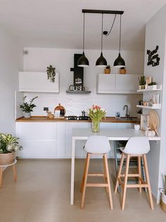 two stools sit in front of a kitchen counter with potted plants on it