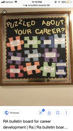 a bulletin board that has been made to look like puzzles and words on it