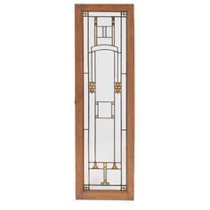 an art deco stained glass door with brown trim and gold accents on the bottom panel