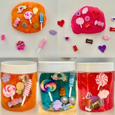 three jars filled with candy and candies on top of a white counter next to wall decorations