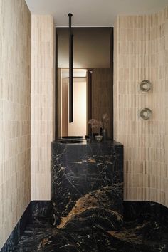 a black and gold bathroom with marble counter tops