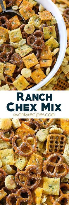 ranch chex mix in a white bowl with a spoon on top and the same side dish