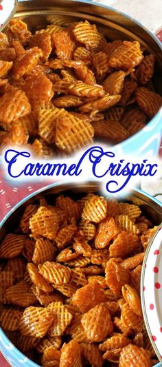 two bowls filled with caramel crispies on top of a red and white table cloth