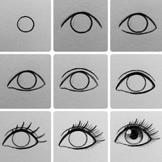 nine different types of eyes drawn in pencil