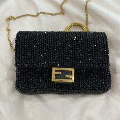 100% Authentic Fendi Nano Baguette Ricamo Crystal Black And Gold Absolutely Breathtaking Stunning Fits Lipstick And Credit Card Bags Making, Room Color, Beaded Purses, Making Room, Fendi Bags, Black And Gold, Red Gold, Baguette, Bag Making