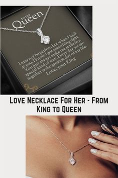 a woman wearing a necklace with the words love necklace for her from king to queen