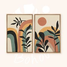 two framed art pieces with plants on them