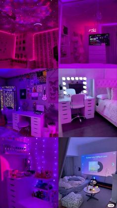 a collage of photos showing different rooms with lights on the ceiling and furniture in the room