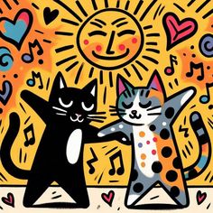 two cats are dancing together in front of the sun and music notes on yellow background