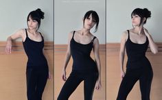 three pictures of a woman in black clothing posing with her hands on her hips and looking off to the side