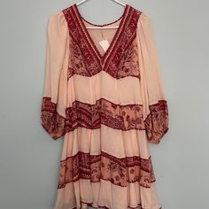 Free People Boho Dress, Baby Pink, Cream Orange, Magenta, And White Pink V-neck Boho Sundress, Pink Flowy Long Sleeve Dress, Pink Fitted V-neck Boho Dress, Fitted Pink V-neck Boho Dress, Pink V-neck Boho Dress With Boho Print, Pink Bohemian V-neck Mini Dress, Pink Boho Print Midi Dress For Spring, Pink Floral Print Mini Boho Dress, Pink Bohemian Midi Dress With Loose Fit