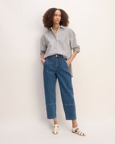 The Utility Barrel Pant New Blue – Everlane Everyday Cropped Leg Pants For Spring, Spring Cropped Leg Everyday Pants, Everyday Spring Cropped Leg Pants, Spring Everyday Cropped Leg Pants, Everyday Spring Cropped Pants, Casual Cropped Jeans With Patch Pockets And Tapered Leg, Spring Cropped Leg Jeans With Welt Pockets, Versatile Tapered Leg Jeans For Work, Effortless Straight Leg Cotton Pants