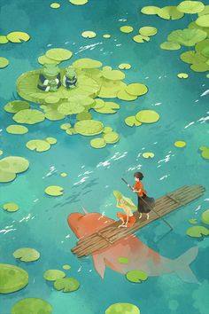 a person sitting on top of a wooden raft in the middle of water surrounded by lily pads