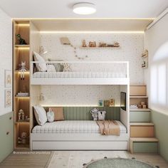 there is a bunk bed in the children's room with stairs to the second floor