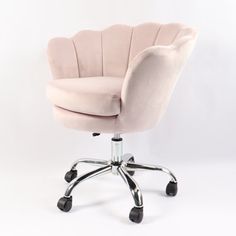 a pink office chair sitting on top of a metal casteor wheel with black wheels