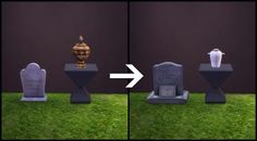 two pictures show the same grave with an arrow pointing to it, and one has a vase on top