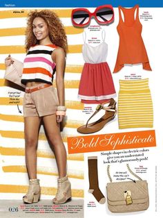 a woman in striped shirt and shorts with purses on the cover of a magazine