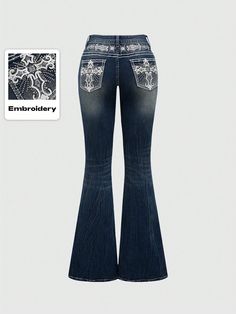 Y2K Retro Poket Cross Wings Embroidered Flare Leg Fitted Jeans For Women Navy Blue Casual   Denim Tribal,All Over Print,Textured Pattern Flare Leg High Stretch  Women Clothing, size features are:Bust: ,Length: ,Sleeve Length: Lace Flare Jeans, Mexican Jeans, Quince Surprise Dance Outfits, Latina Clothes, Punk Jeans, Bedazzled Jeans, Pocket Cross, Flare Jeans Outfit, Fitted Jeans