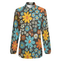 Step into the iconic style of the '60s with our Mod Floral Shirt, a fashion statement that seamlessly blends retro charm with contemporary flair. Embrace the spirit of the mod era with this 60s-inspired blouse, designed to make you stand out in any crowd. Our mod 60s top is a tribute to the timeless fashion of the past, combining vibrant floral patterns with modern elegance. Explore our collection of Women's Blouses and Women's Tops, each piece curated to elevate your wardrobe. The Long Sleeve Top offers versatility for any season, while the Semi Sheer Women's Top adds a touch of allure to your ensemble. Channel the chic vibes of the '60s and redefine your style with these effortlessly stylish tops.I designed this for women who loves the 60s! A truly adorable design with cute mod floral pa Casual Long Sleeve Tops For Vintage Fashion, Casual Long Sleeve Vintage Fashion Tops, Collared Cotton Blouse For Party, Long Sleeve Tops For Vintage Fashion, Spring Vintage Long Sleeve Tops, Vintage Long Sleeve Tops For Spring, Multicolor Collared Top With Retro Print, Retro Fitted Tops For Fall, Fitted Retro Tops For Fall