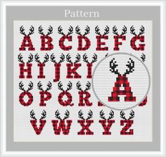 a cross stitch pattern with the letters and antlers in red, black and white