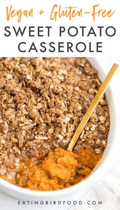 vegan and gluten - free sweet potato casserole in a white bowl