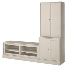 a white entertainment center with shelves and cupboards next to each other on a white background