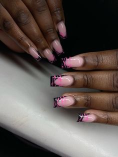 PINK N BLACK 🖤🎀 Black French Tip Inspo Nails, Pink And Black Nails Medium Length, Pink And Black Hoco Nails, Hot Pink Black And White Nails, Pink And Black Manicure, Bratz Theme Nails, Pink French Tip Nails With Stars, Hot Pink And Black French Tip Nails, Nail Designs No Charms