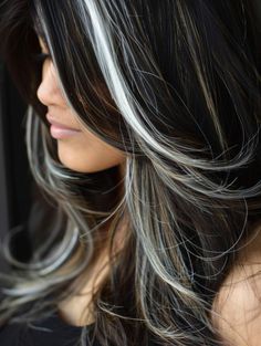 Fun & Unique Hair Color Ideas for Brunettes: Curly, Blonde, Dark & More Silver And Dark Brown Hair, Brunette With White Highlights, Dark Brown Hair With White Highlights, Grey Streaks In Brown Hair, Grey Highlights On Dark Hair Brunettes, Dark Hair With Silver Highlights, Peekaboo Highlights For Dark Hair, Black Hair With Grey Highlights