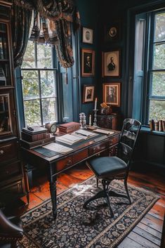 an old fashioned desk in the corner of a room