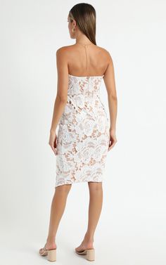 Lace To Lace Dress In White Lace | Showpo Elegant Lace Bodycon Dress With Spaghetti Straps, Delicate Lace Strapless Party Dress, Strapless Delicate Lace Party Dress, White Lace Bodycon Dress For Date Night, White Lace Bodycon Dress For Night Out, Elegant Lace Mini Dress With Straight Neckline, Elegant Strapless Dress With Delicate Lace, Lace Strapless Bodycon Dress, Elegant Strapless Dress With Scalloped Lace