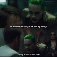 the joker is talking to another man with green hair