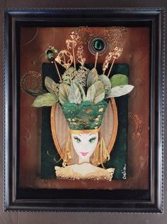 a painting of a woman wearing a green hat with flowers on it