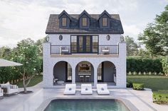 an artist's rendering of a house with a pool in the foreground and patio furniture on the other side