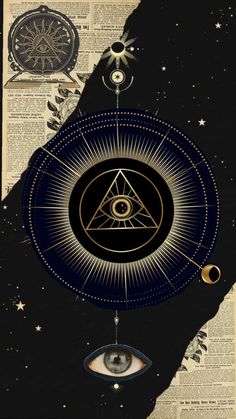 an illuminate eye surrounded by stars and planets on top of a book page