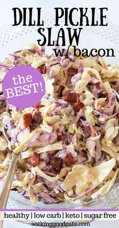 a bowl filled with coleslaw and bacon on top of a glass platter