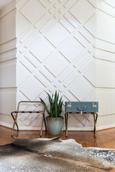 a plant in a pot next to a blue suitcase on a rug and a white wall