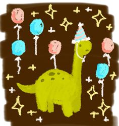 a drawing of a green dinosaur with party hats and lollipops on it's head